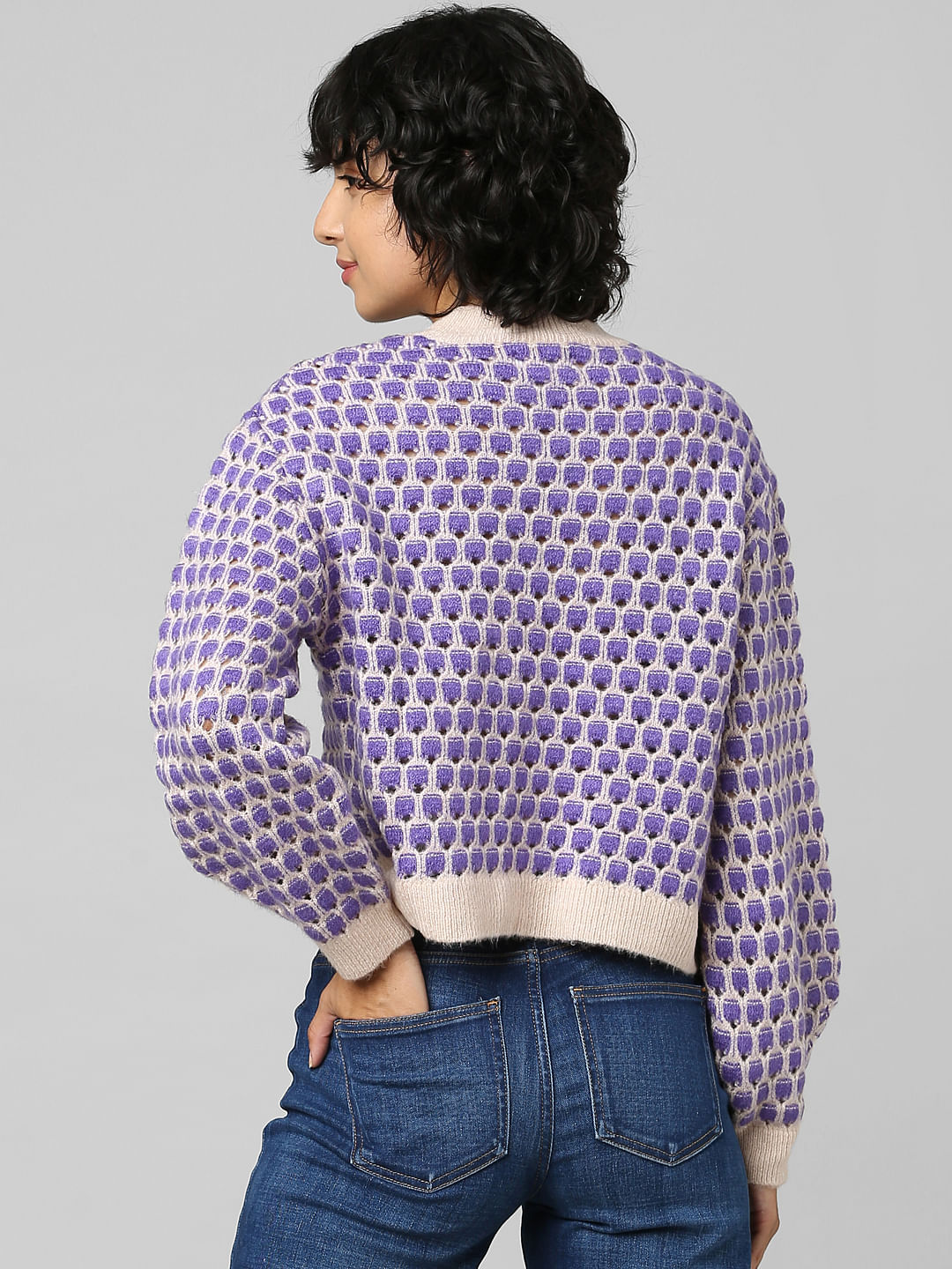 Purple Printed Structure Knit Pullover