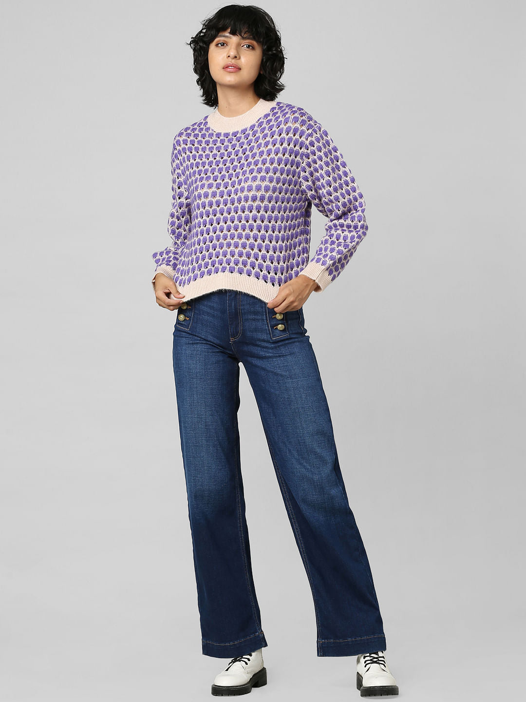 Purple Printed Structure Knit Pullover