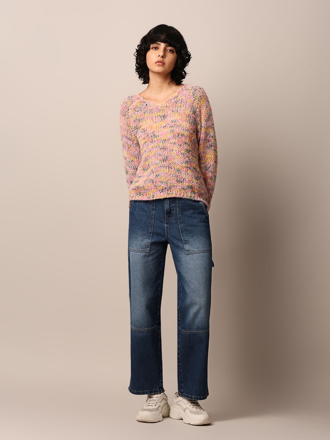 Multi-Colour Rib-Knit Oversized Pullover