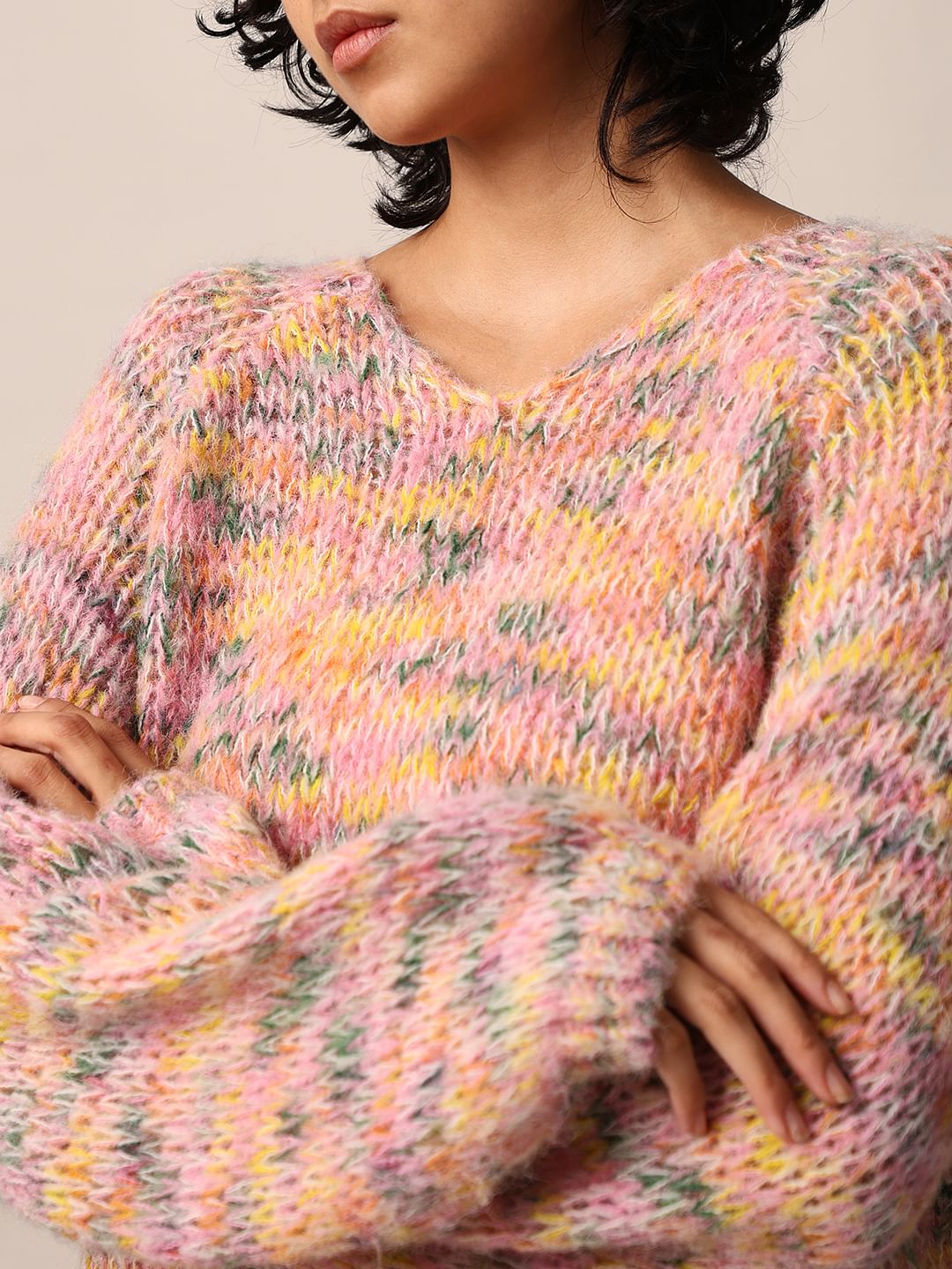 Multi-Colour Rib-Knit Oversized Pullover