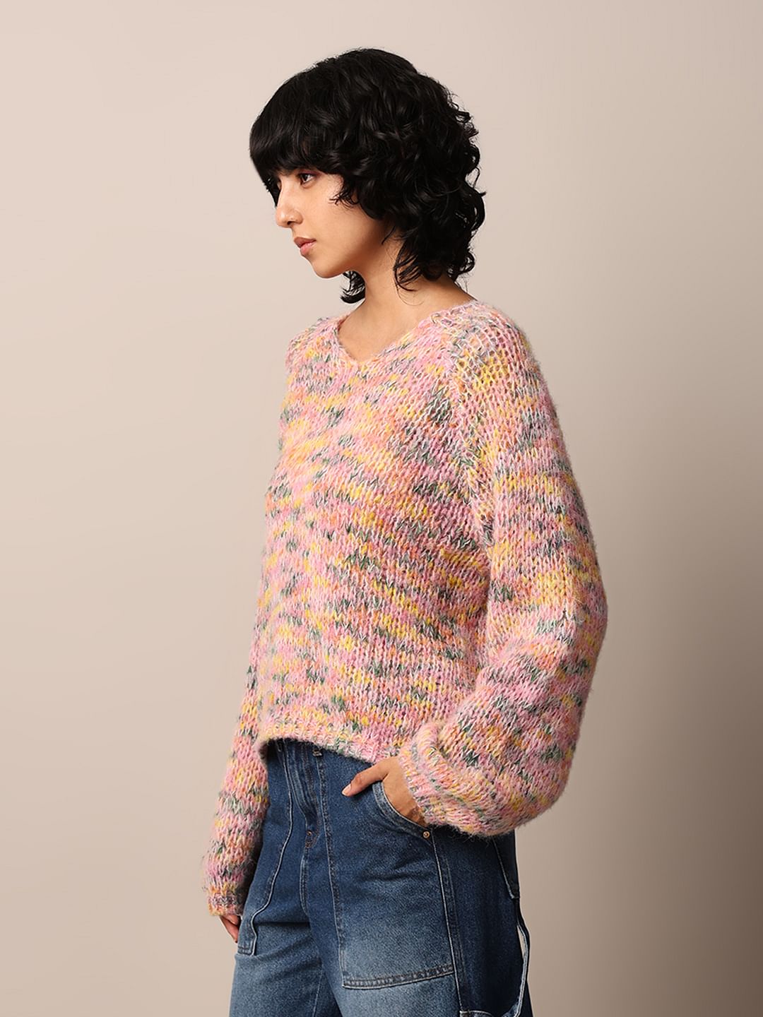 Multi-Colour Rib-Knit Oversized Pullover
