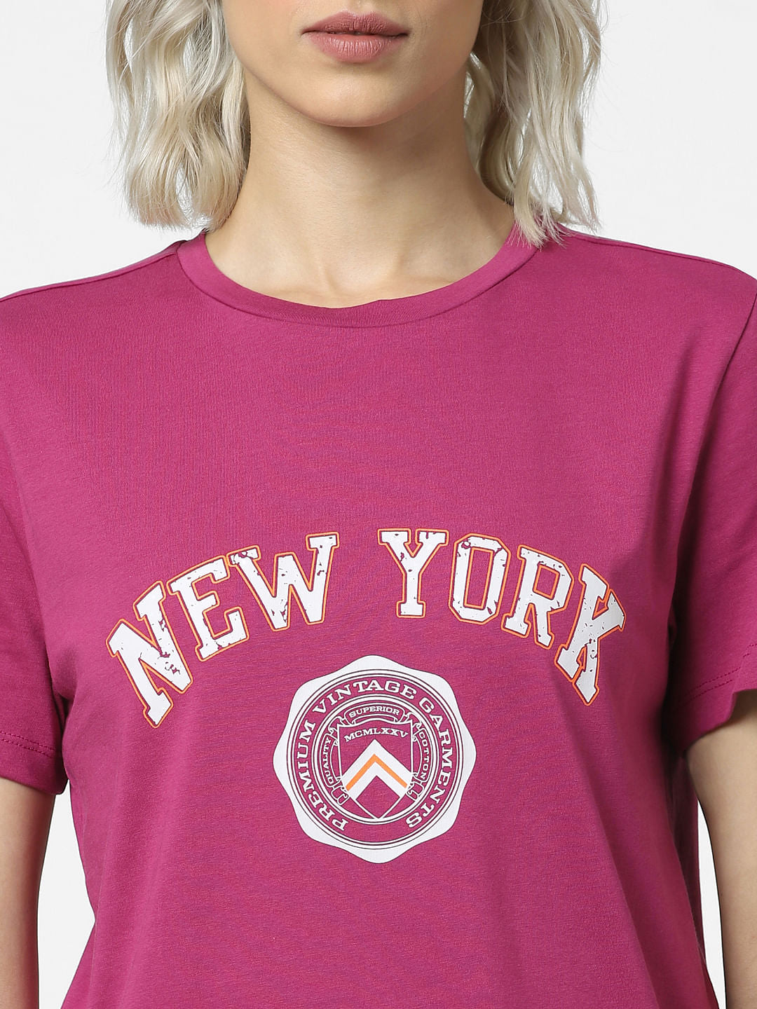 Dark Pink Text Print T-Shirt