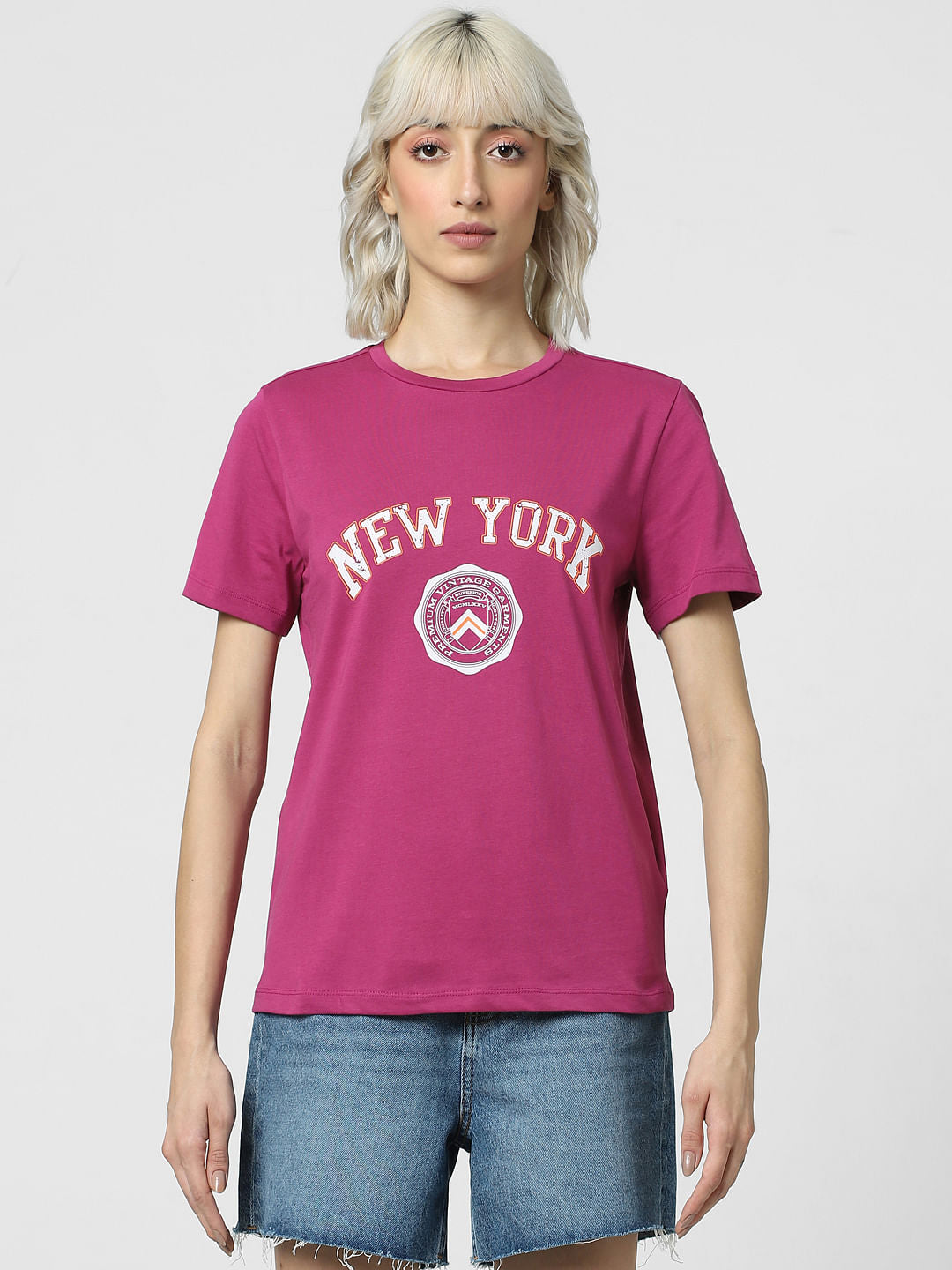 Dark Pink Text Print T-Shirt