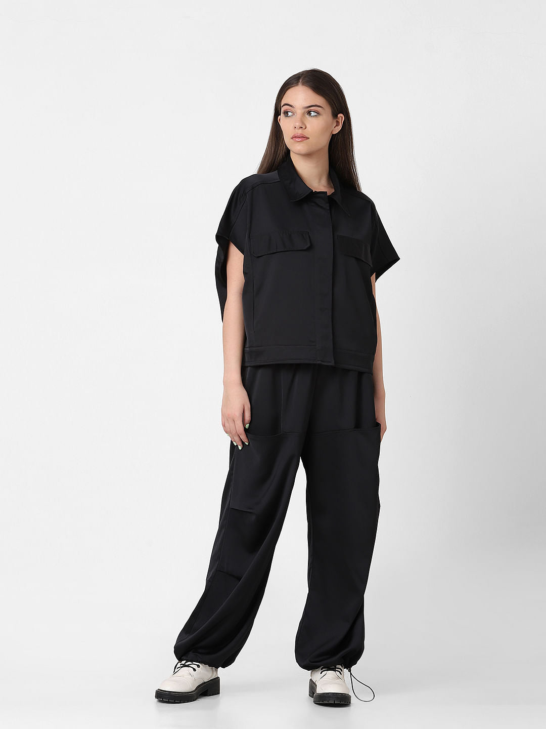 Black Boxy Fit Co-Ord Set Shirt