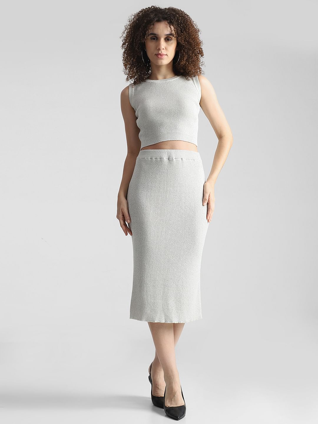 Pencil Skirt White Co Ord Midi Skirt White Ribbed Co-Ord Set Skirt