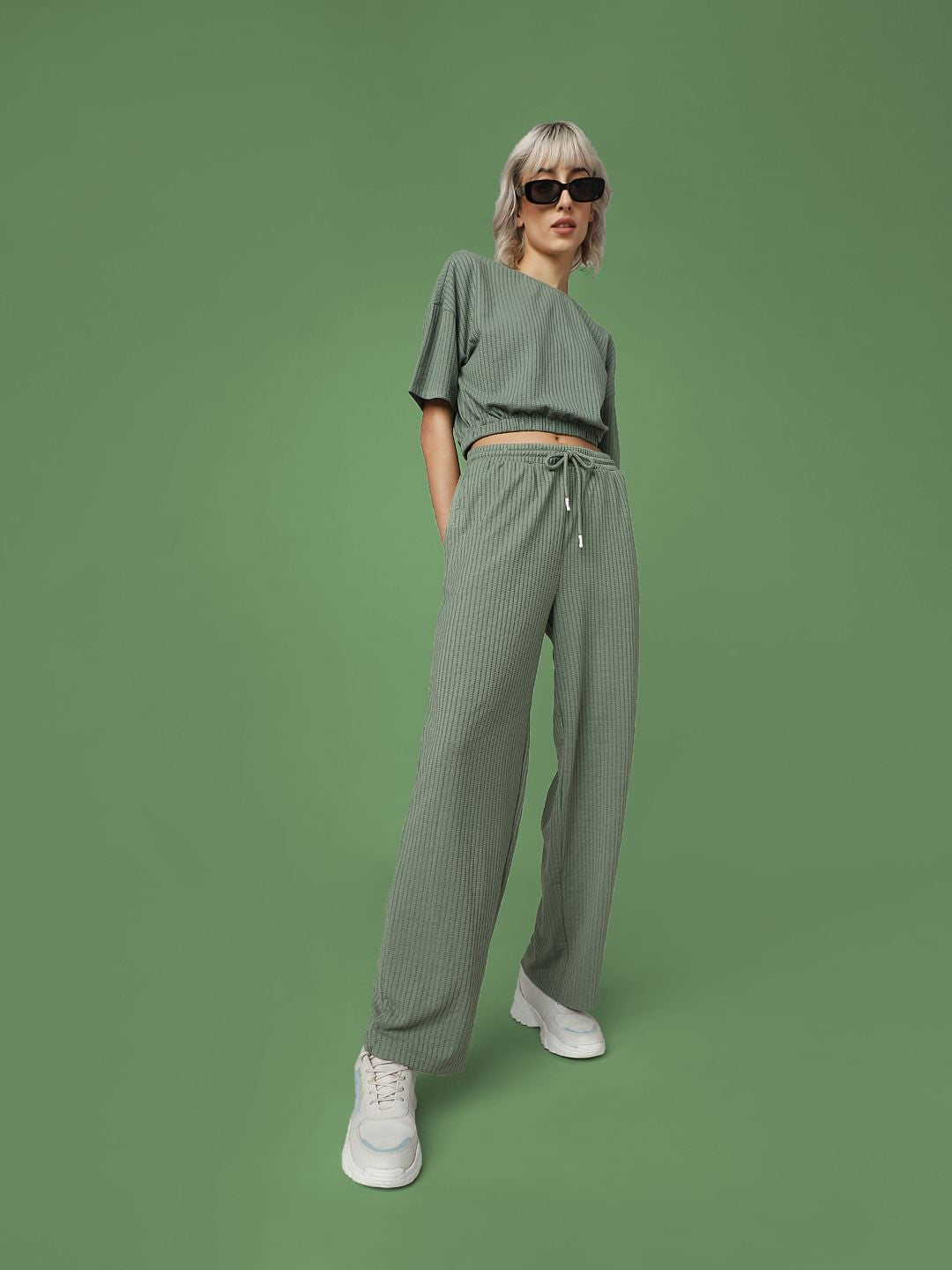 Green High Rise Textured Wide Leg Sweatpants