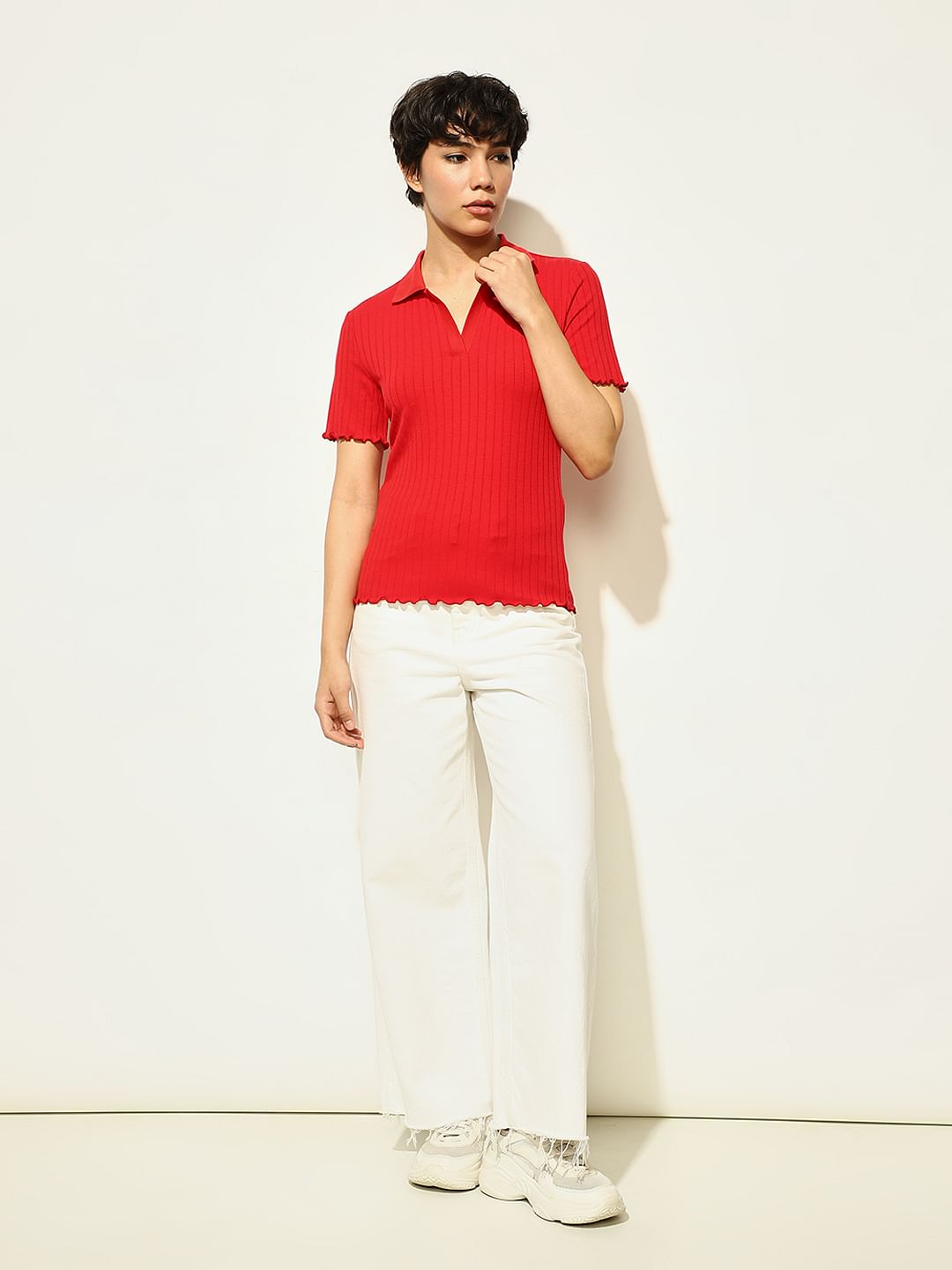 Red Ribbed Polo T-Shirt