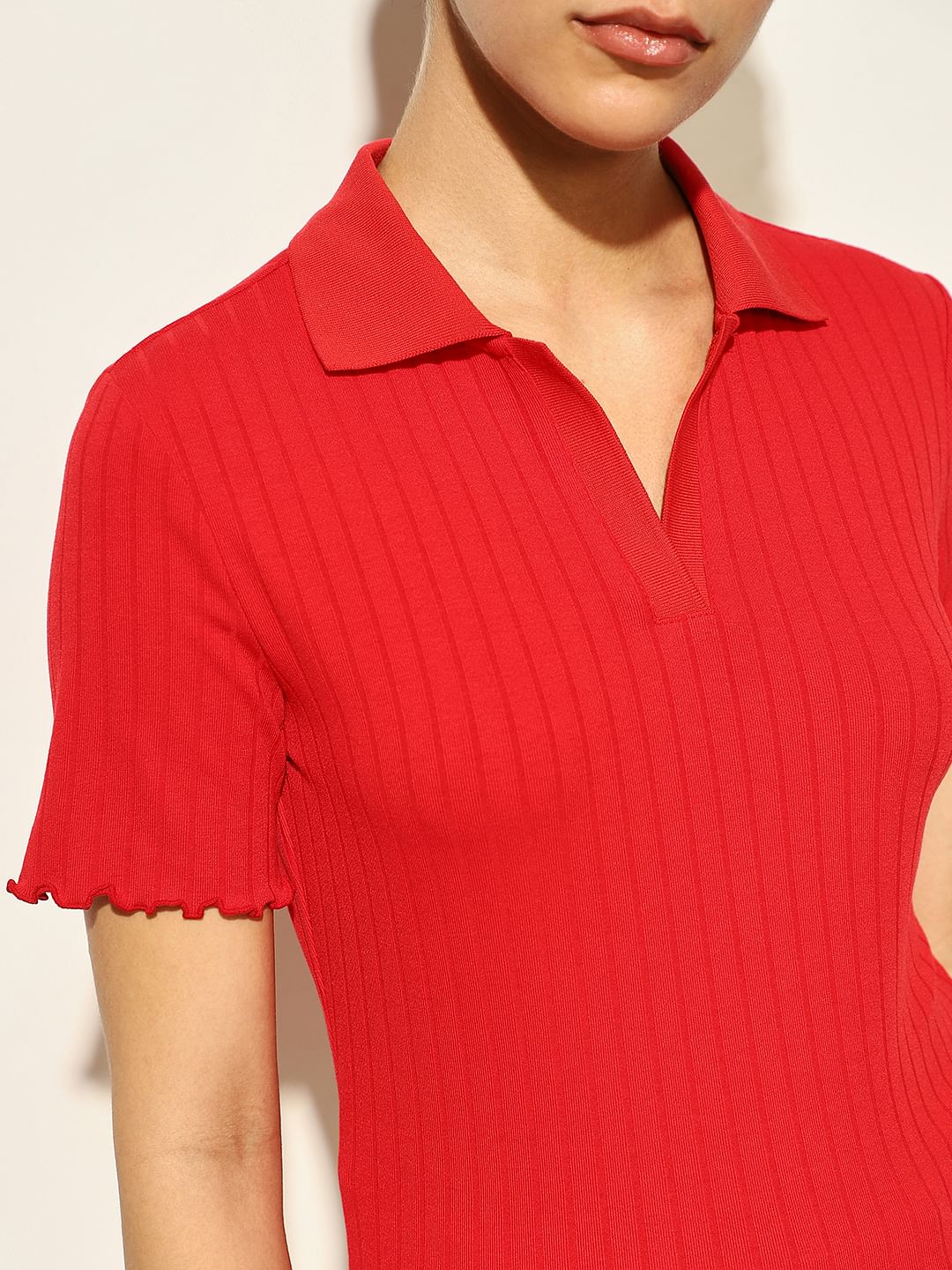 Red Ribbed Polo T-Shirt