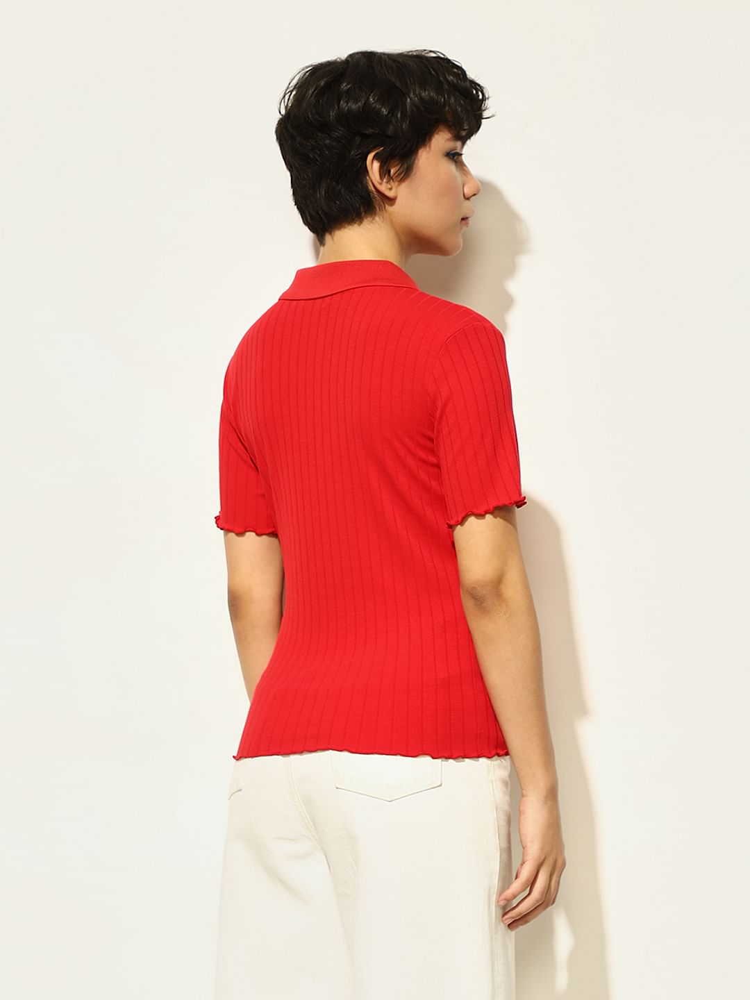 Red Ribbed Polo T-Shirt