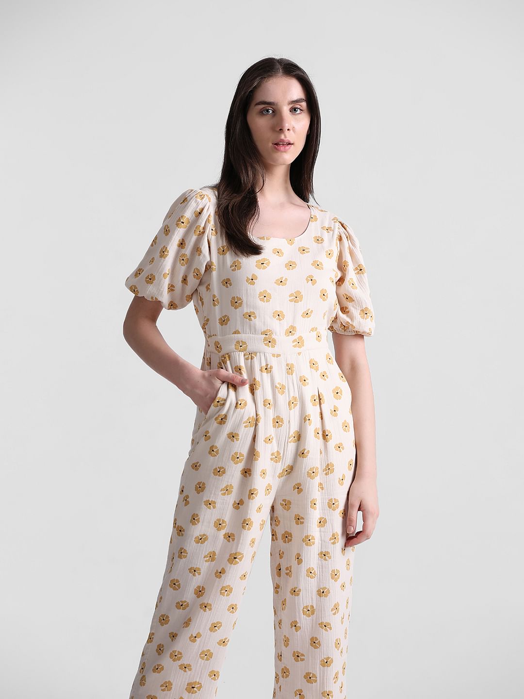 Beige Floral Print Jumpsuit