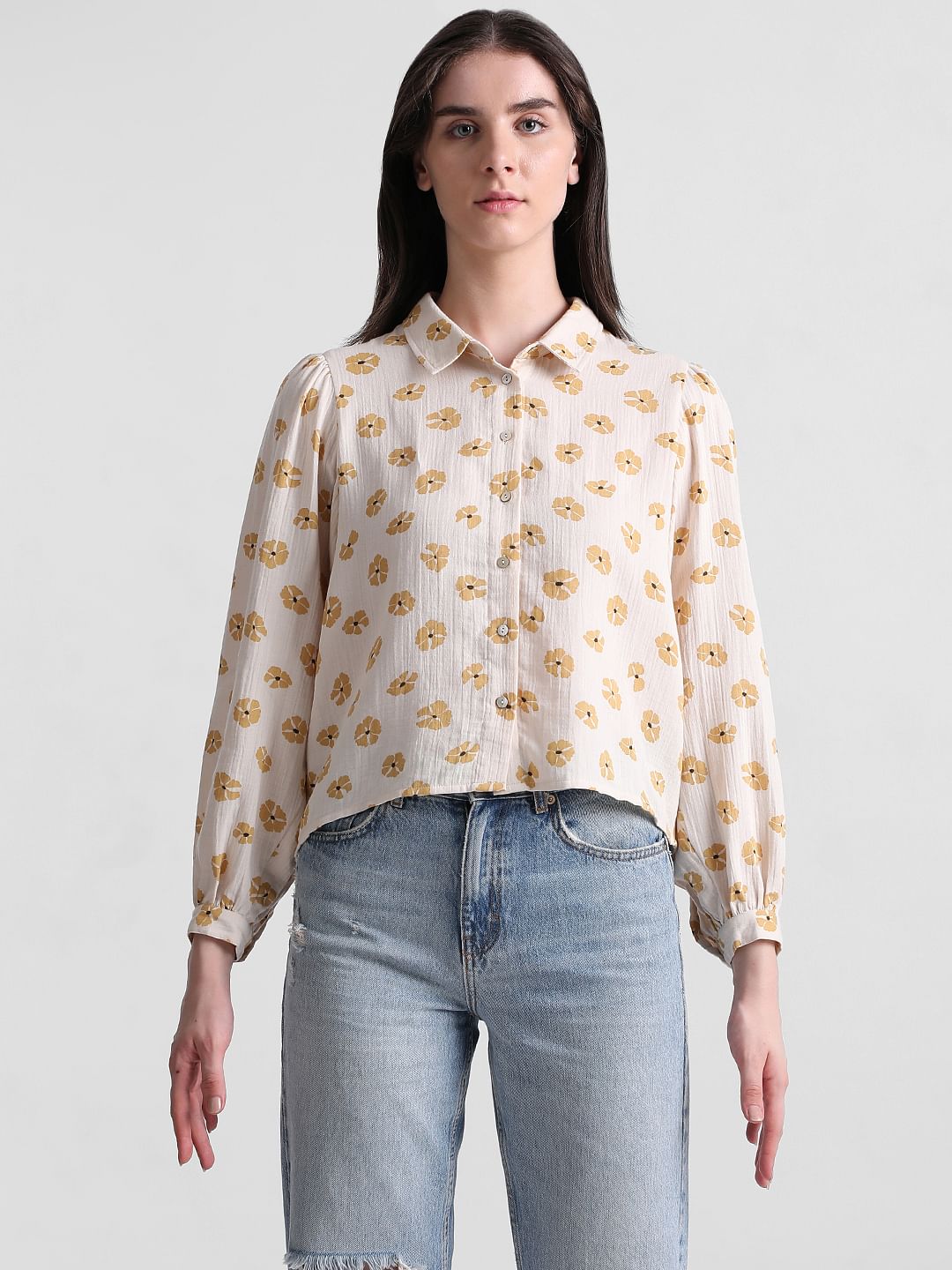 Beige Floral Print Cotton Shirt