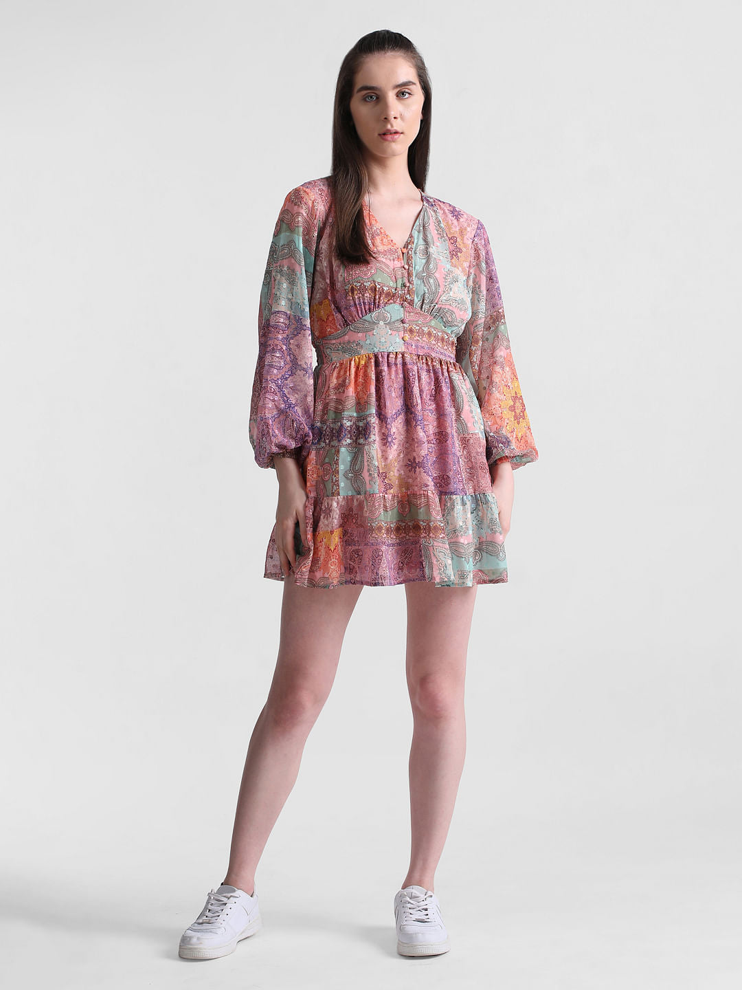 Pink Abstract Print Chiffon Dress
