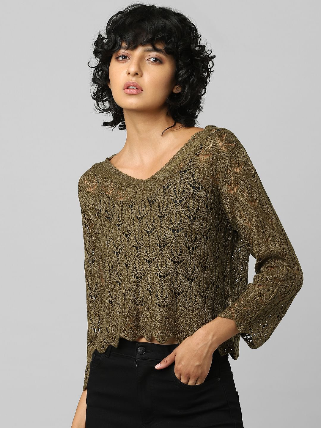 Green Pointelle V-Neck Pullover