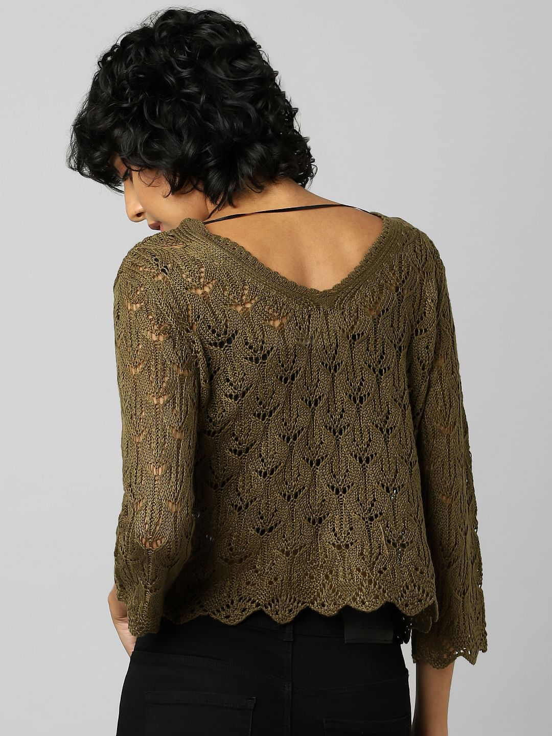 Green Pointelle V-Neck Pullover