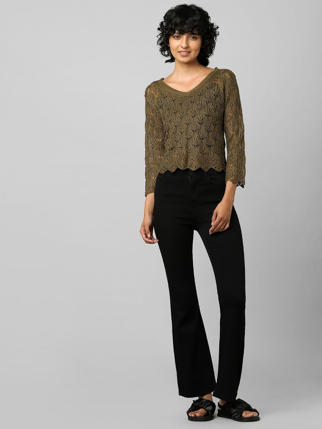 Green Pointelle V-Neck Pullover