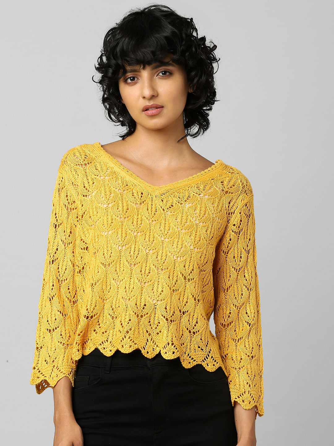 Yellow Pointelle V-Neck Pullover