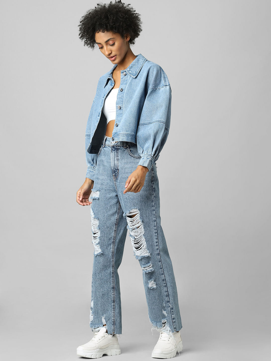 Blue Balloon Sleeves Denim Jacket