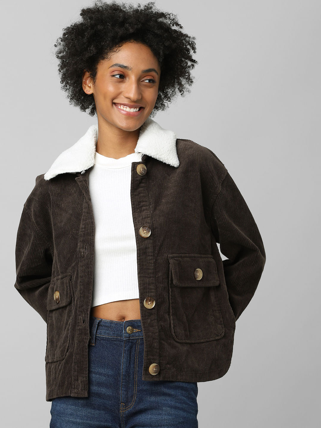 Brown Corduroy Teddy Collar Shacket