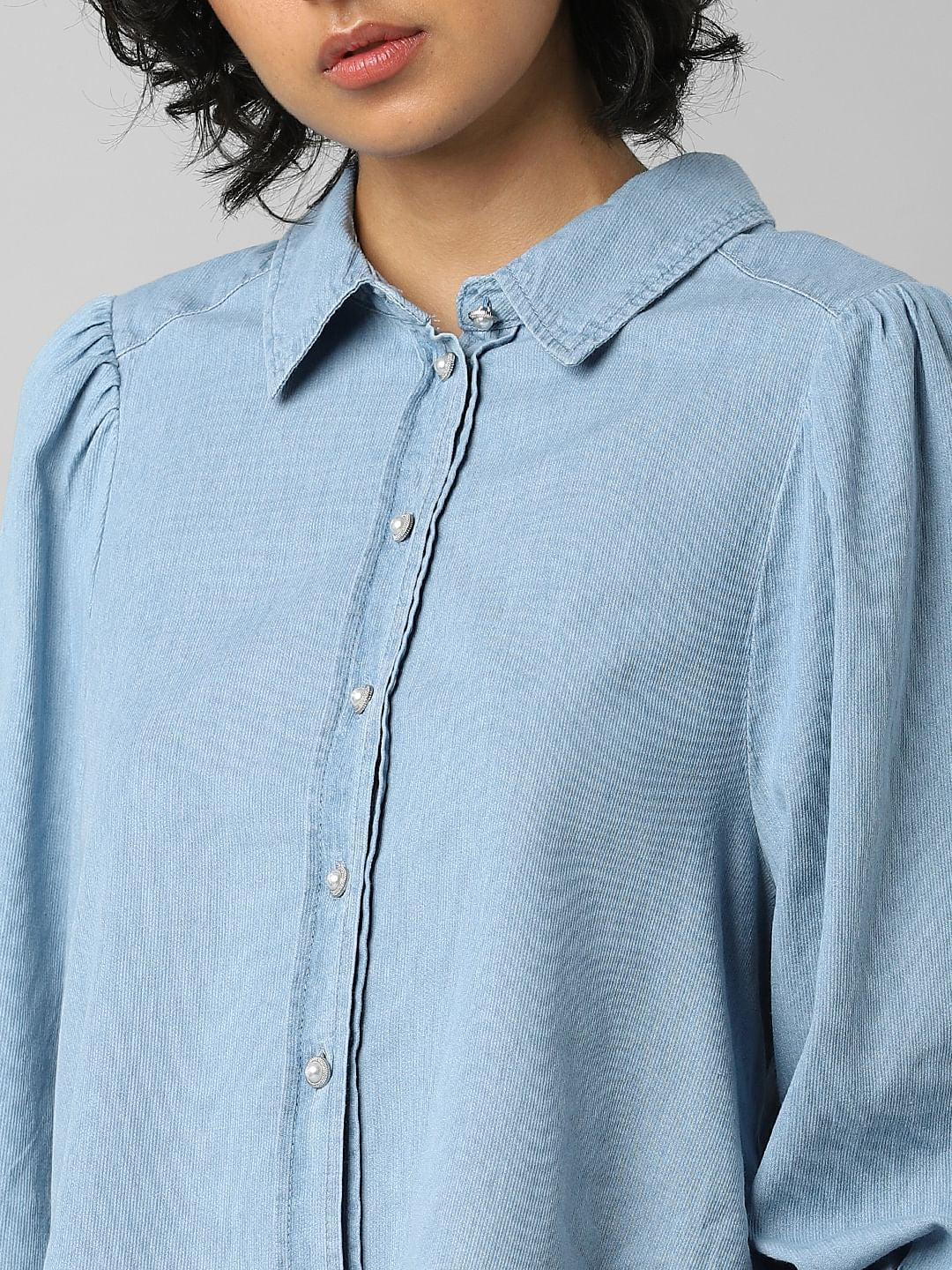 Blue Puff Sleeves Denim Shirt