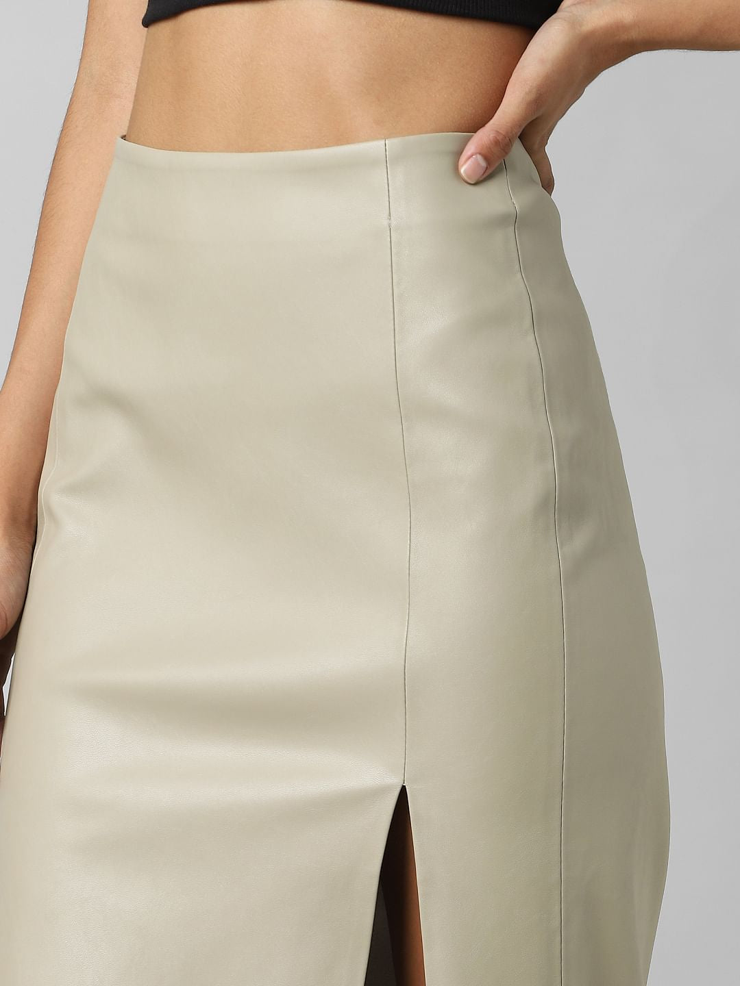 Light Beige High Rise Faux Leather Skirt