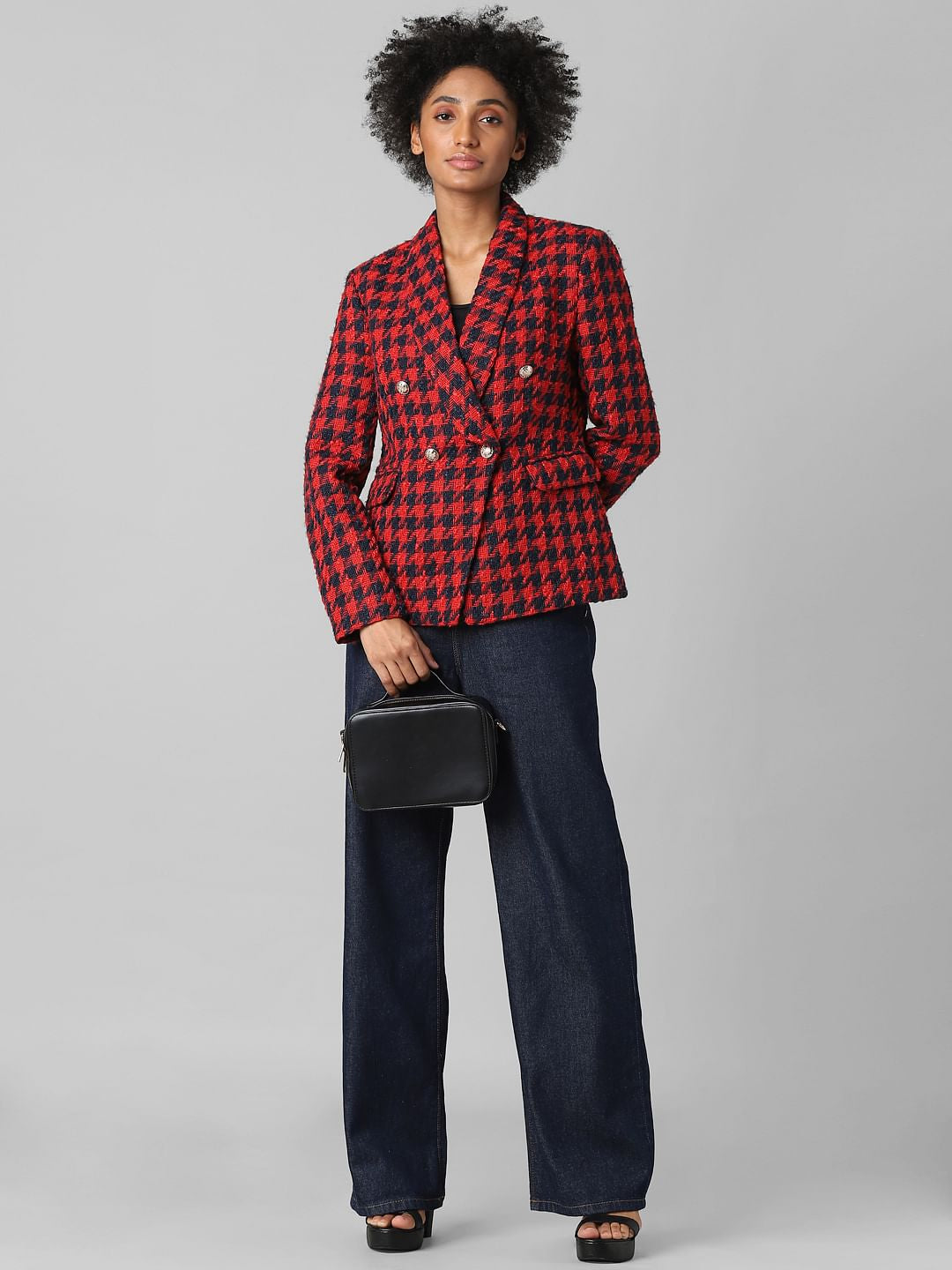 Black Houndstooth Print Tweed Blazer