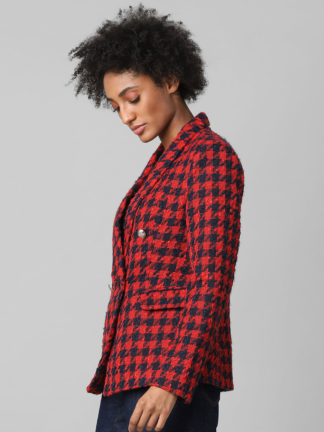 Black Houndstooth Print Tweed Blazer