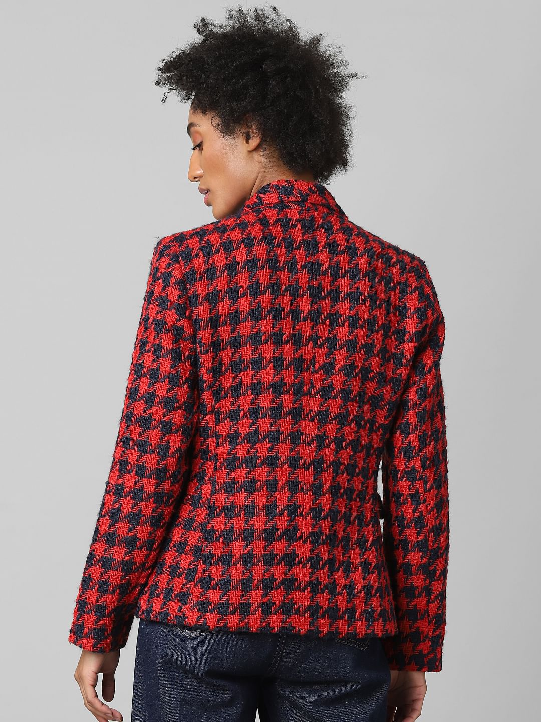 Black Houndstooth Print Tweed Blazer