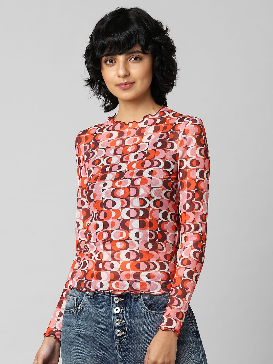 Orange Colourblocked Mesh Top