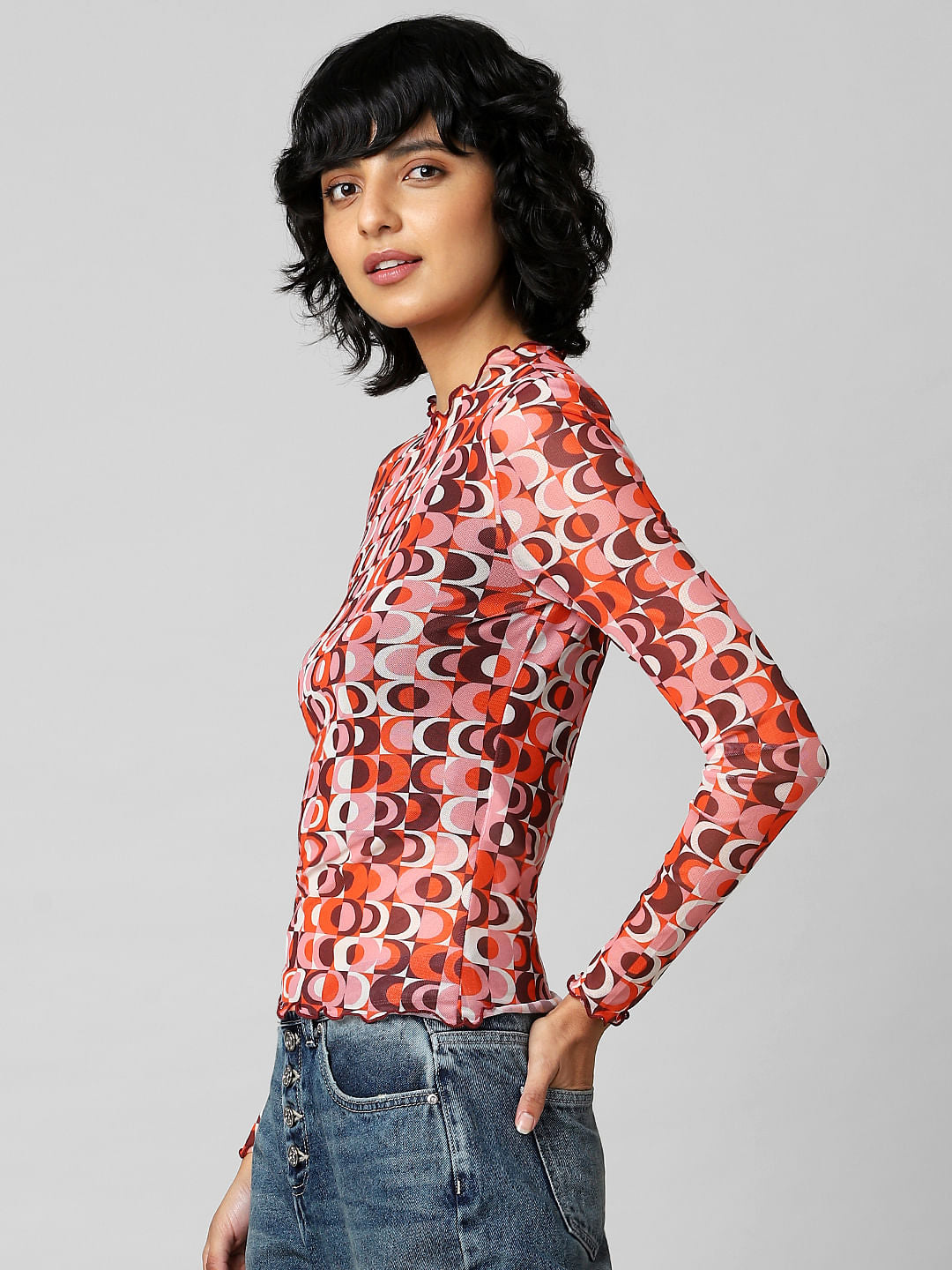 Orange Colourblocked Mesh Top