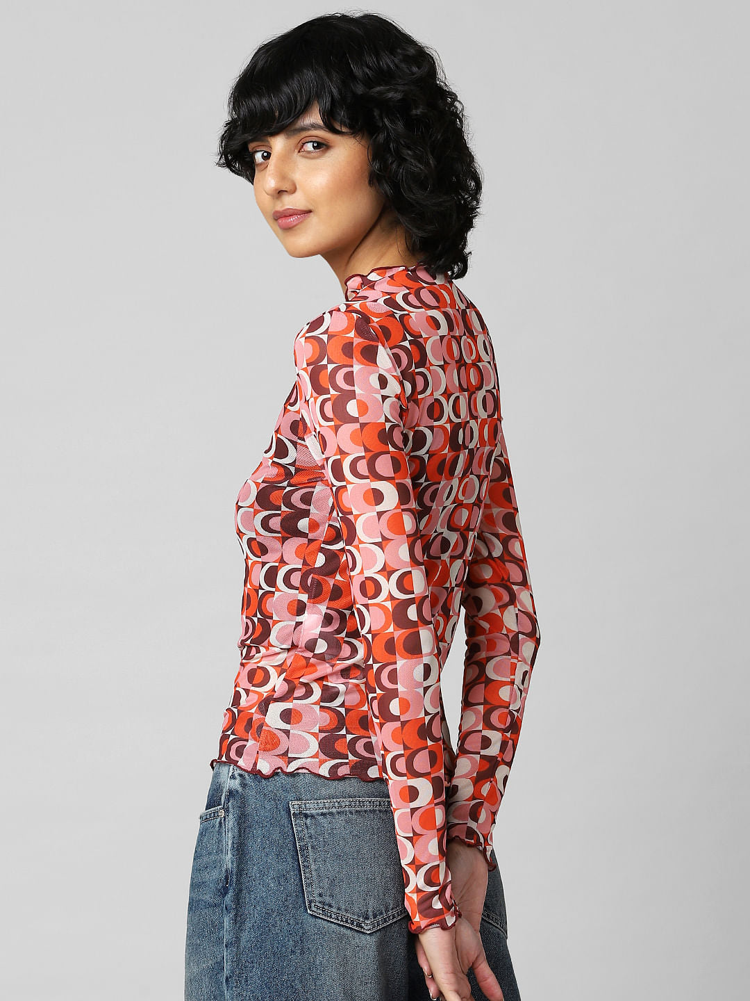 Orange Colourblocked Mesh Top