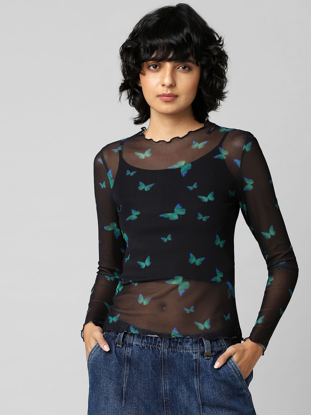 Black Butterfly Print Mesh Top