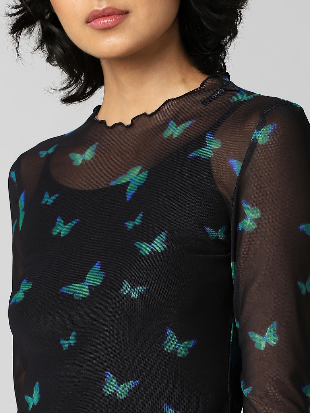 Black Butterfly Print Mesh Top