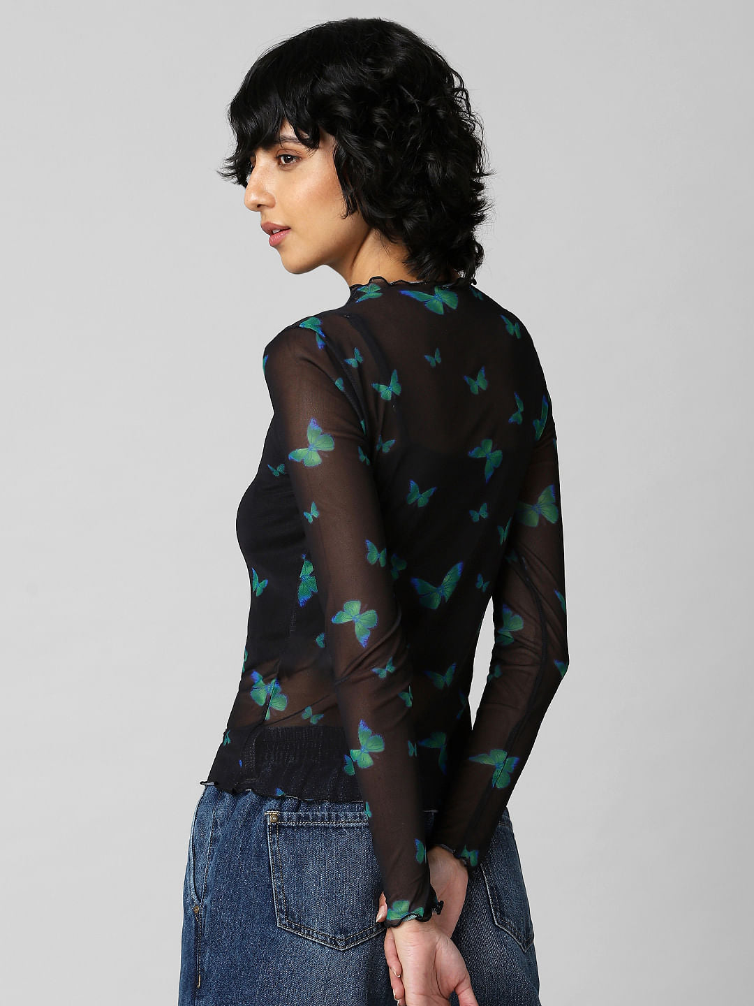 Black Butterfly Print Mesh Top