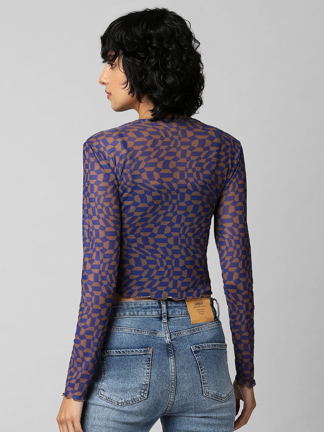 Blue Printed Cropped Mesh Top