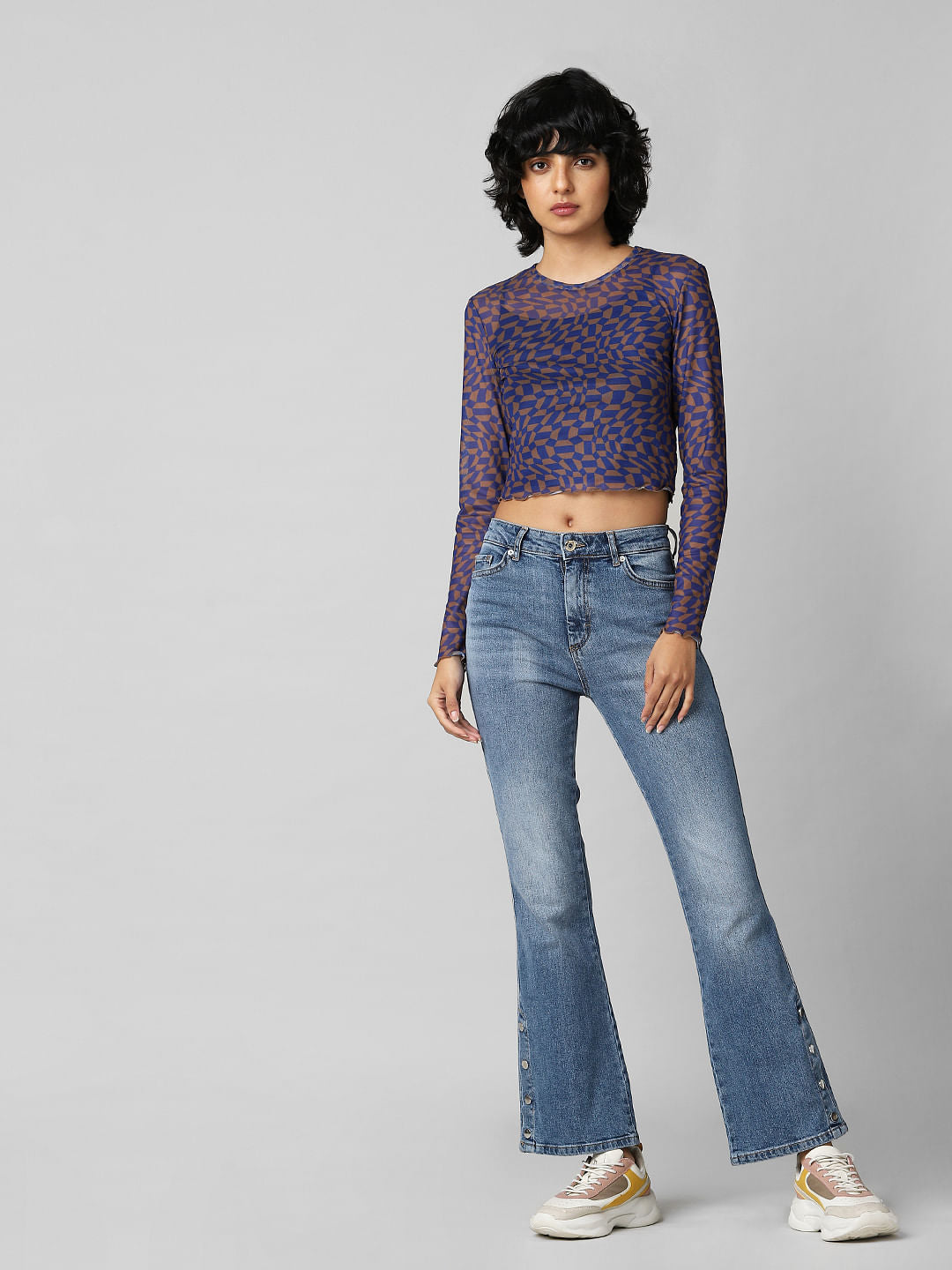 Blue Printed Cropped Mesh Top