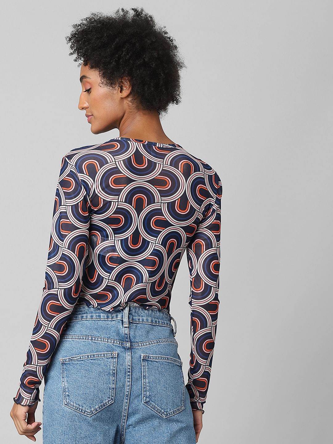 Blue Abstract Print Mesh Top