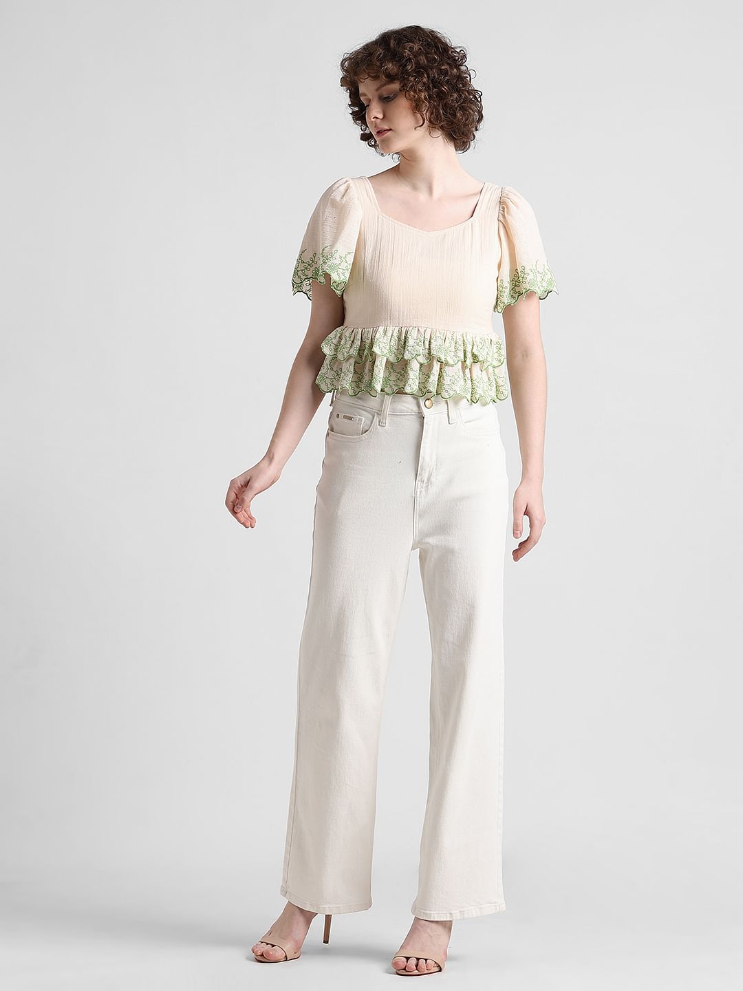 Beige Embroidered Ruffle Top