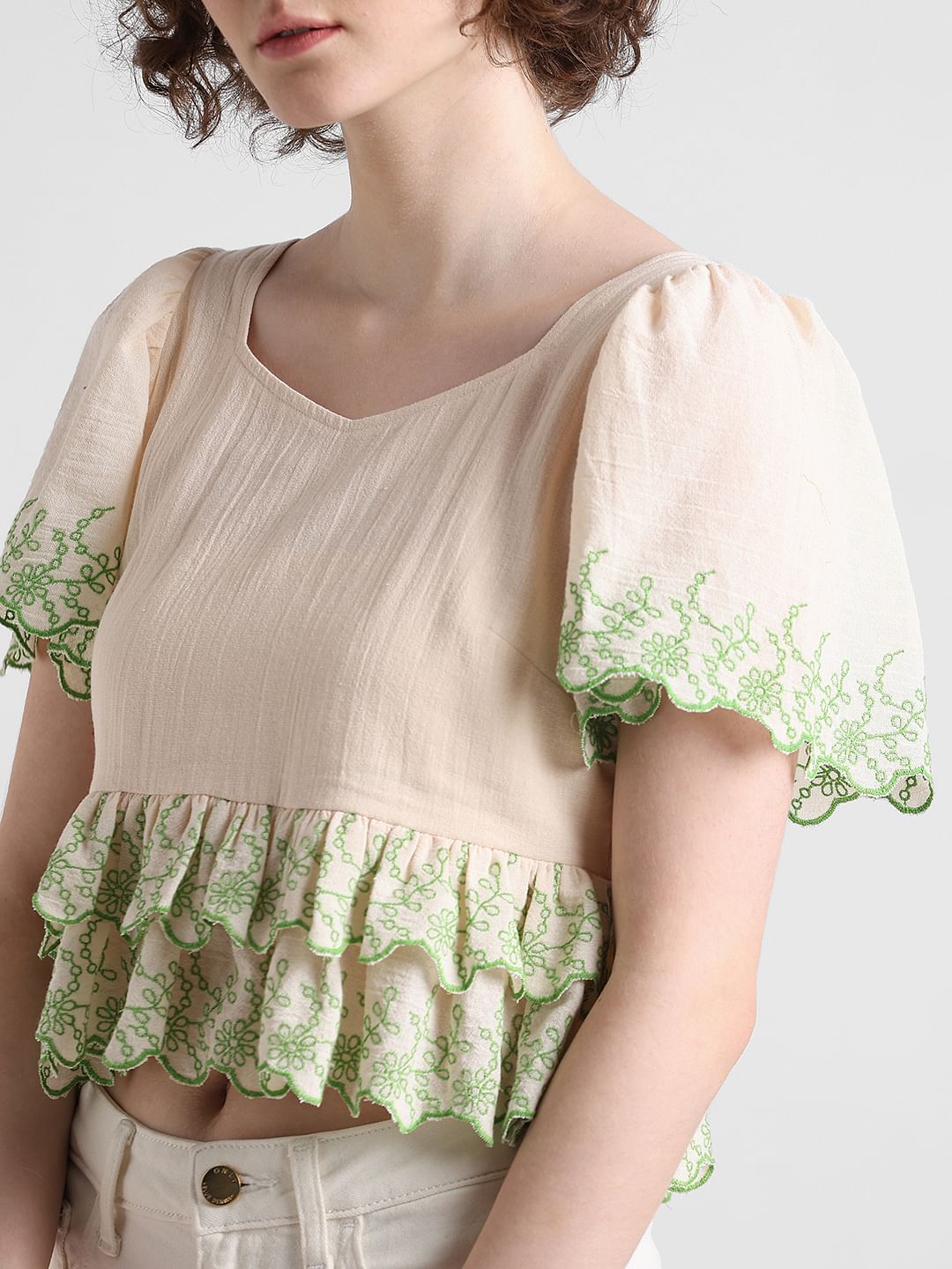Beige Embroidered Ruffle Top