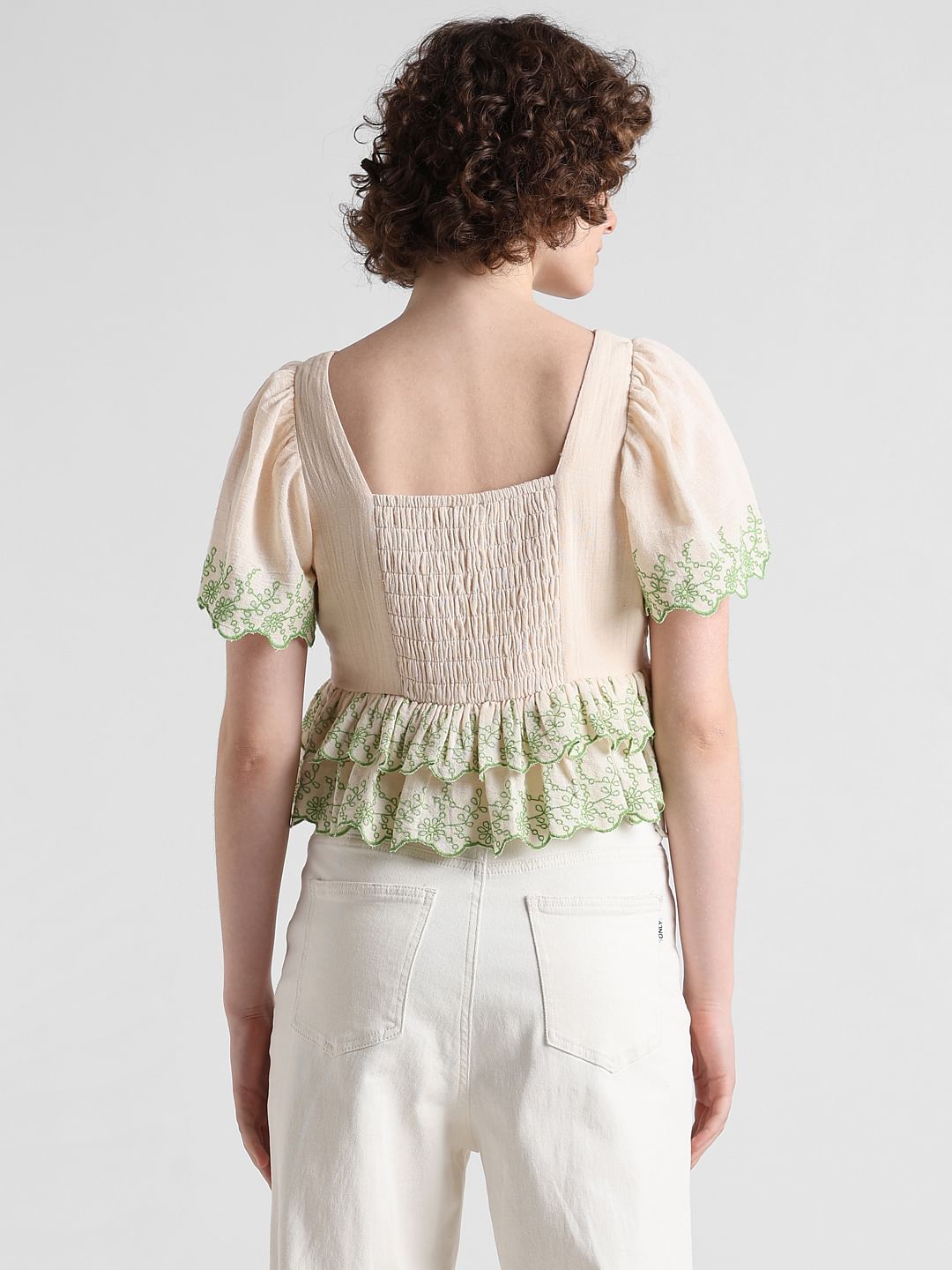 Beige Embroidered Ruffle Top