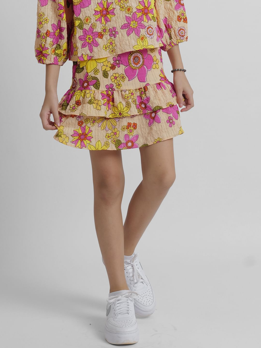 Girls Peach Floral Co-Ord Set Skirt