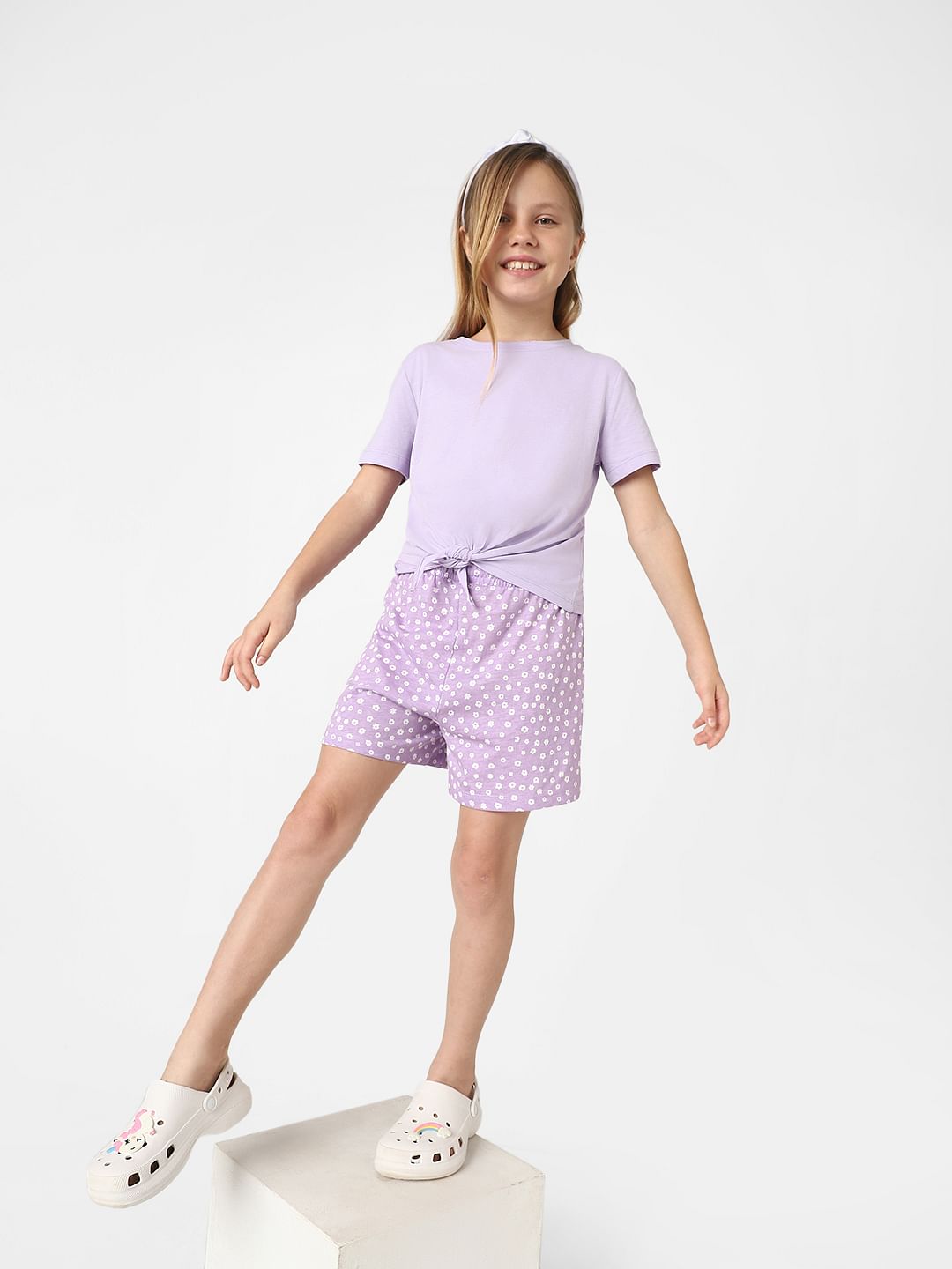 Girls Purple High Waist Printed Shorts