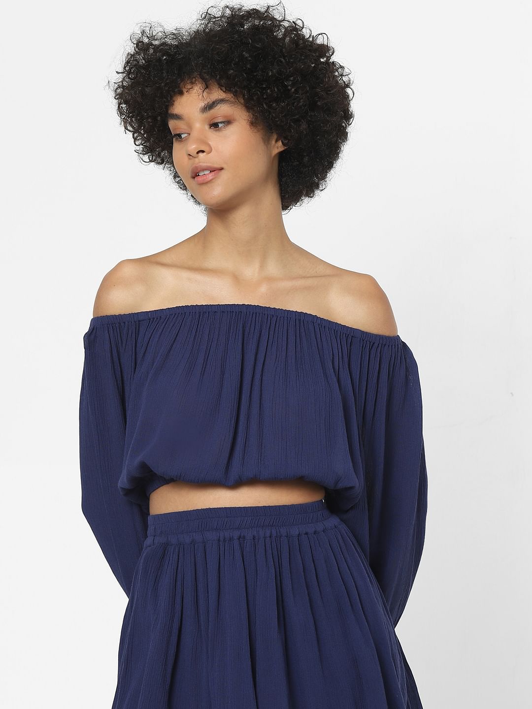 Blue Off-Shoulder Co-Ord Crop Top