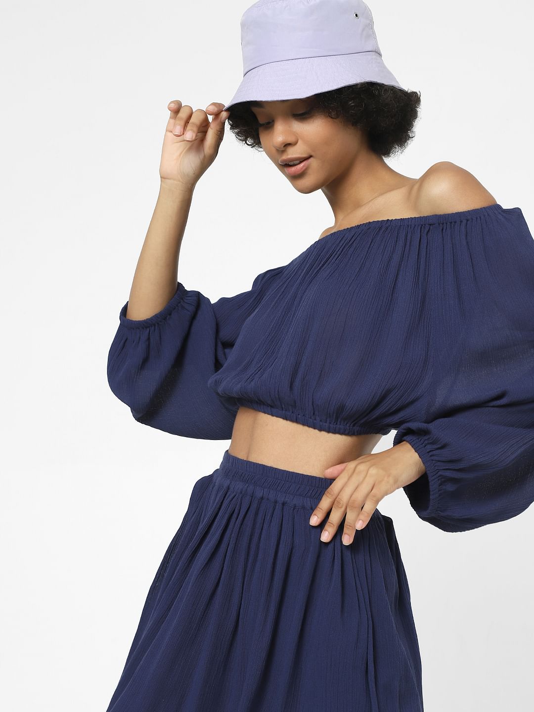 Blue Off-Shoulder Co-Ord Crop Top