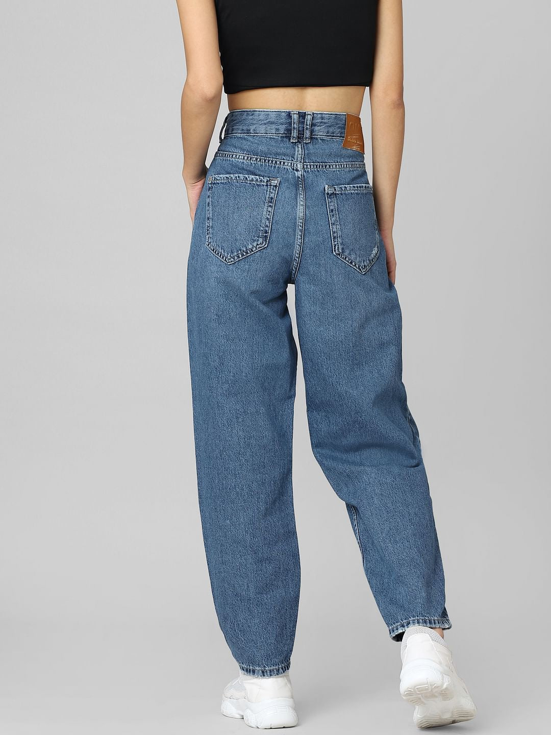 Blue High Rise Distressed Carrot Fit Jeans