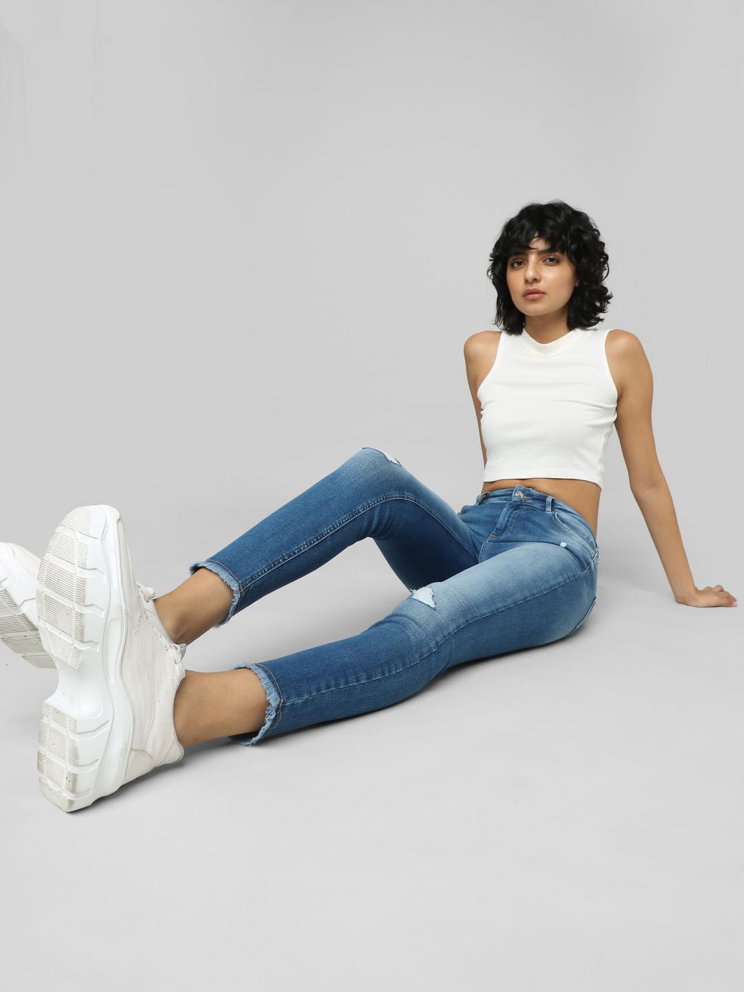 Blue Mid Rise Distressed Skinny Jeans