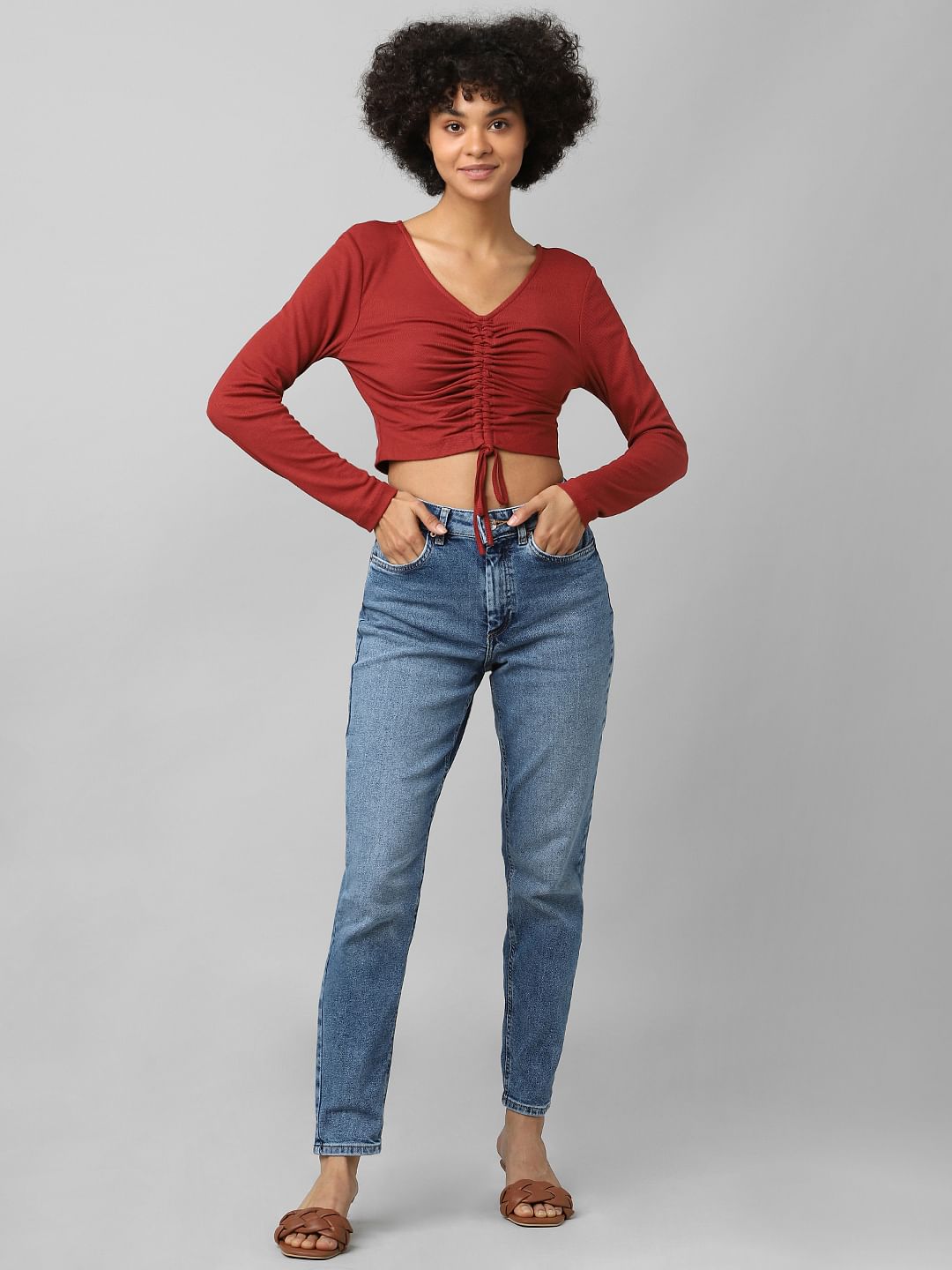 Rust Ruched Ribbed Crop Top