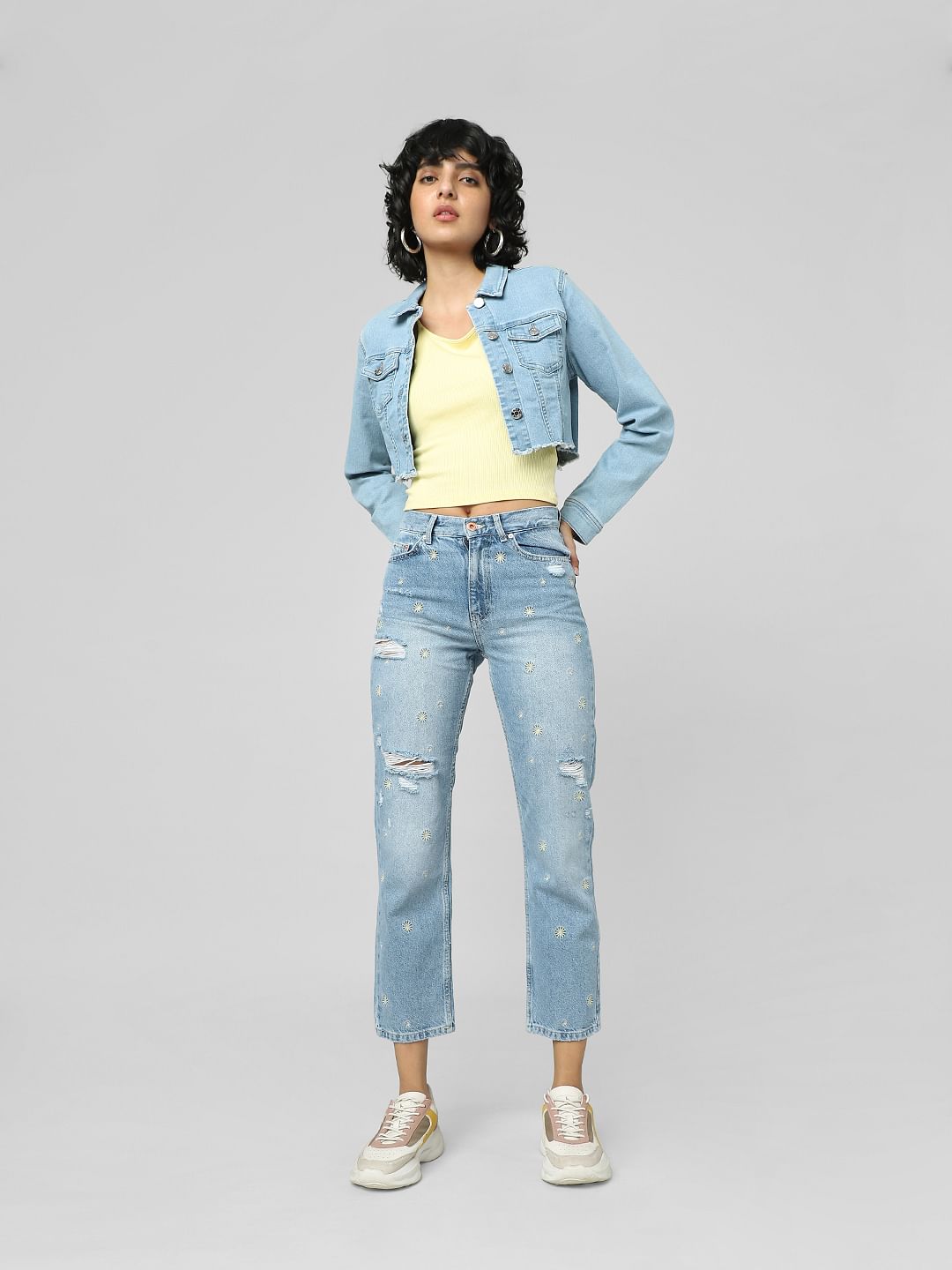 Blue High Rise Embroidered Straight Fit Jeans