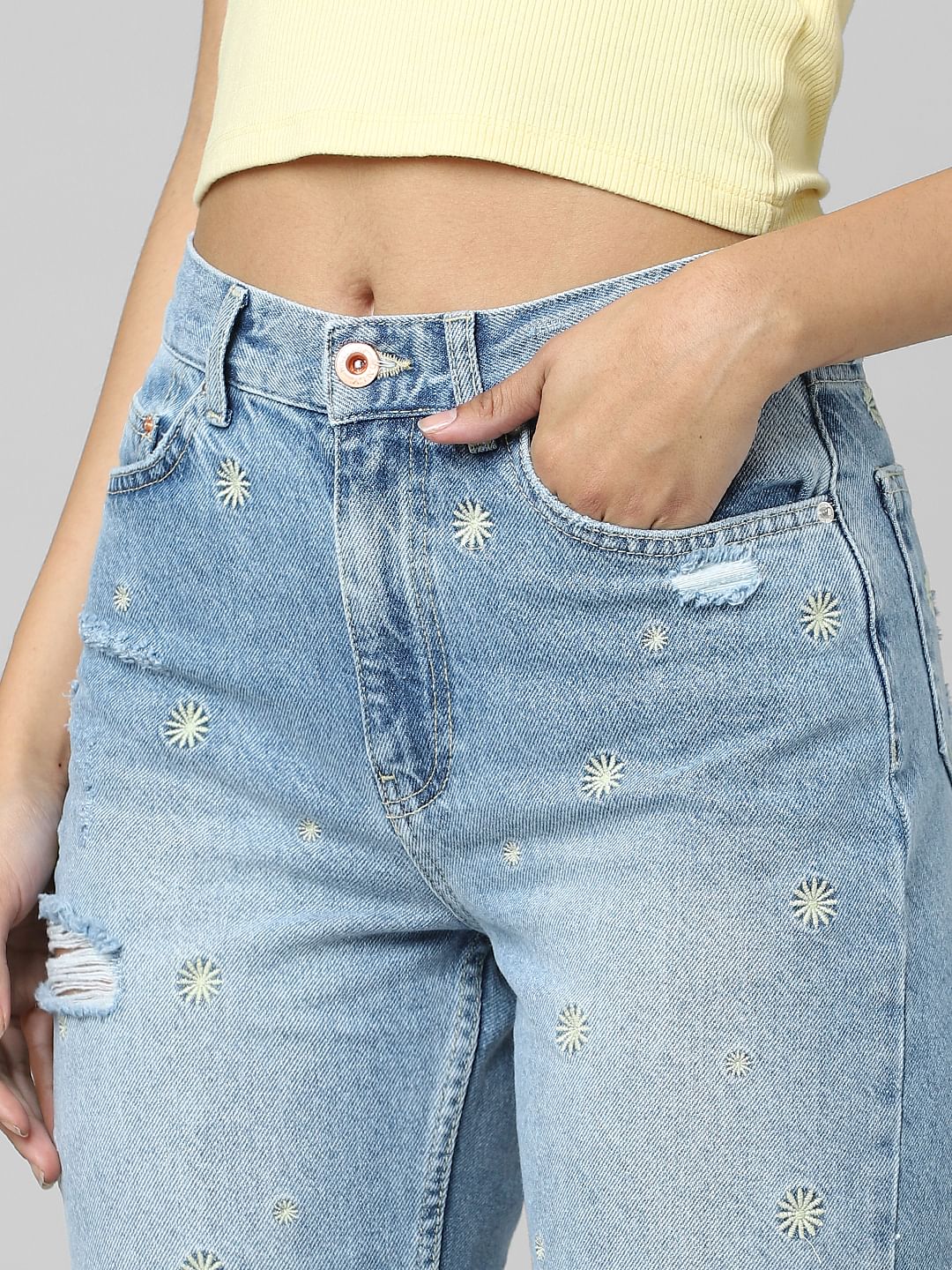 Blue High Rise Embroidered Straight Fit Jeans