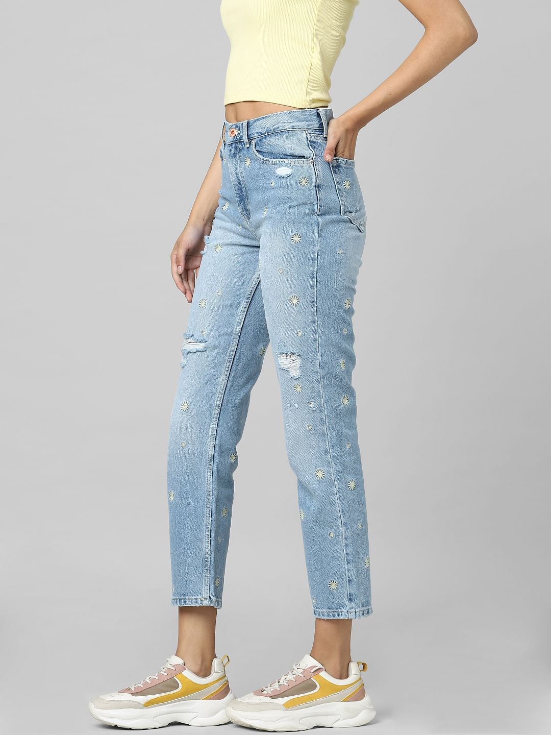 Blue High Rise Embroidered Straight Fit Jeans