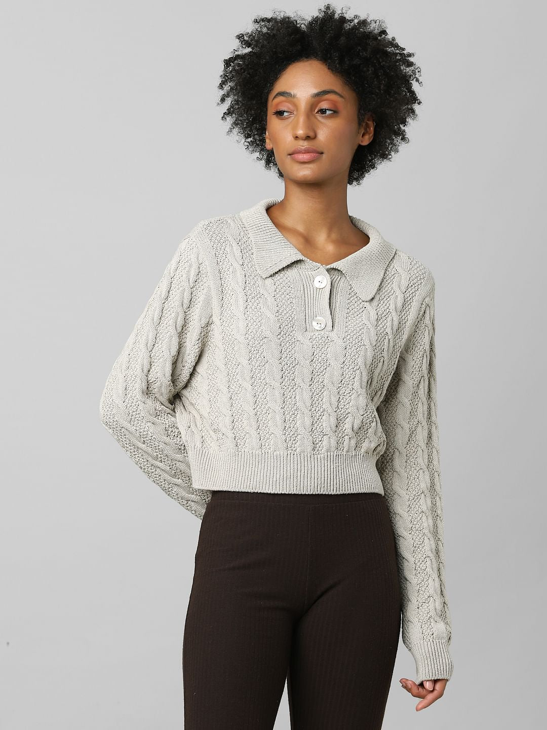 Beige Cropped Polo Pullover